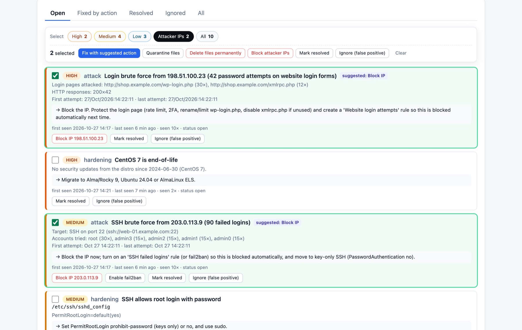 Security findings with one-click and bulk fixes