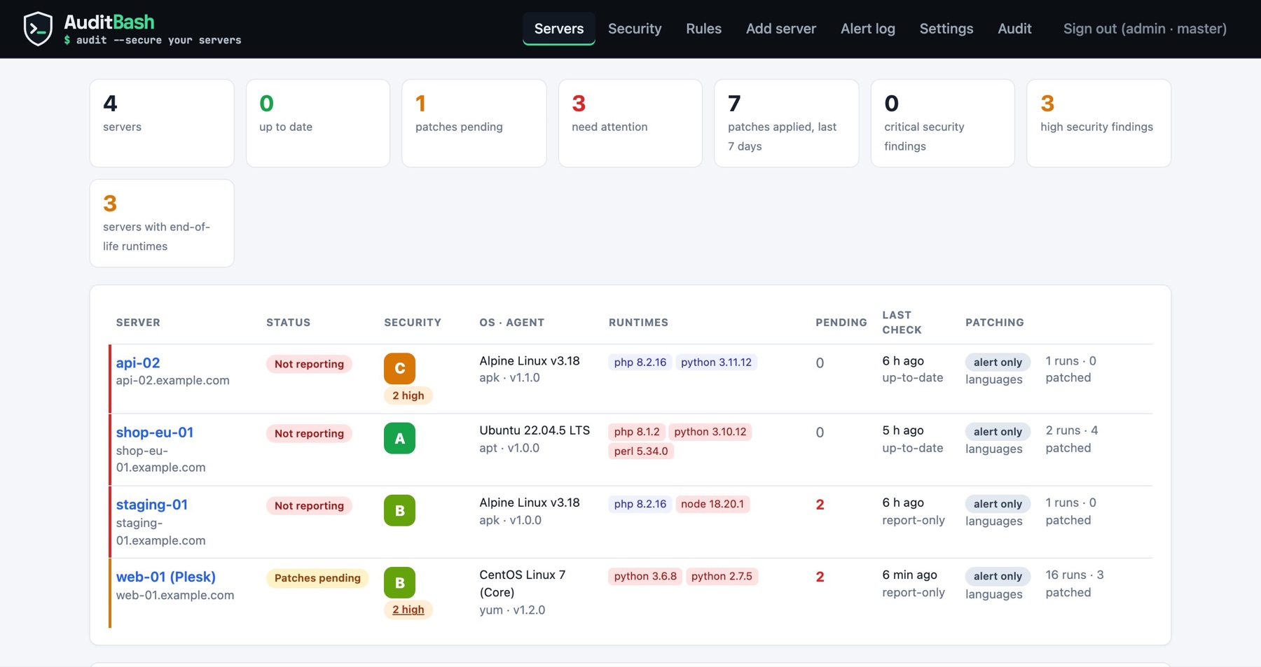 AuditBash dashboard: every server with its security grade, runtimes and pending patches